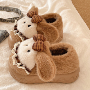 可爱蝴蝶结小狗棉拖鞋女士冬季包根防滑厚底毛绒居家月子保暖棉鞋