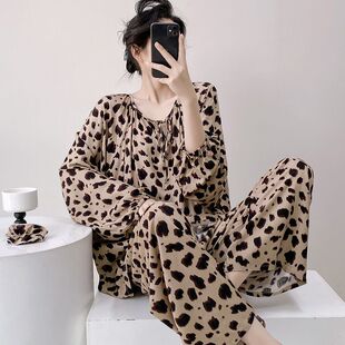 家居服套装 棉绸睡衣2025新款 宽松慵懒风可外穿大码 豹纹女薄款 长袖