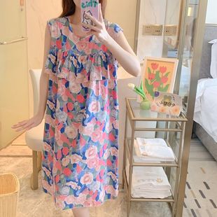 夏季 人造棉宽松舒适中裙 防凸点印花睡裙女凉感家居服无袖 棉绸大码