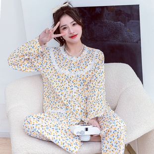 全棉家居服套装 梭织棉清新纯棉薄款 甜美可爱长袖 棉布睡衣女春夏季