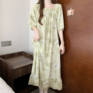 睡衣女夏季长款睡裙人造棉绸2026新款宽松绵绸连衣裙子女款家居服