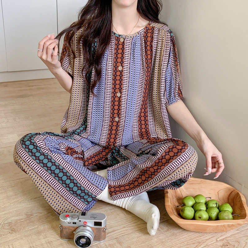 棉绸睡衣女2025新款夏短袖长裤大码人造棉女士薄款绵绸夏天家居服