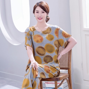 中老年人绵绸家居服 棉绸睡衣女可外穿妈妈大码 套装 夏季 人造棉短袖
