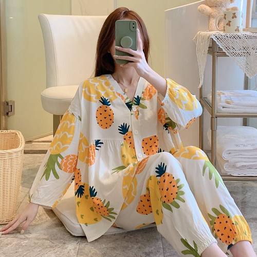 长袖大码睡衣棉绸家居服女