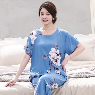 家居服套装 妈妈棉绸睡衣女新款 夏款 中老年人造棉加大码 可外穿 短袖