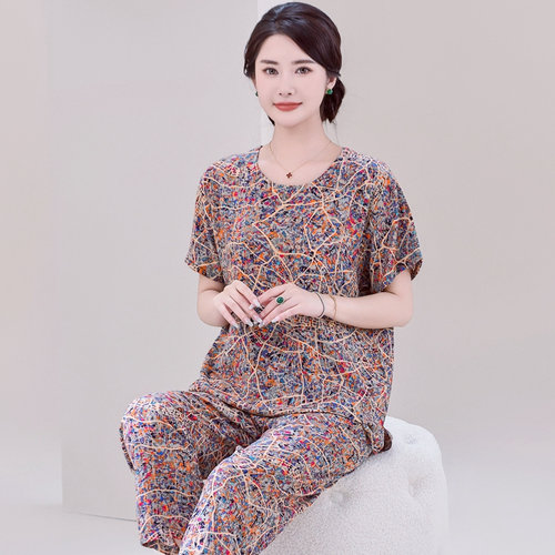 夏季棉绸短袖睡衣女士大码新款中老年老人妈妈套装薄人造棉家居服