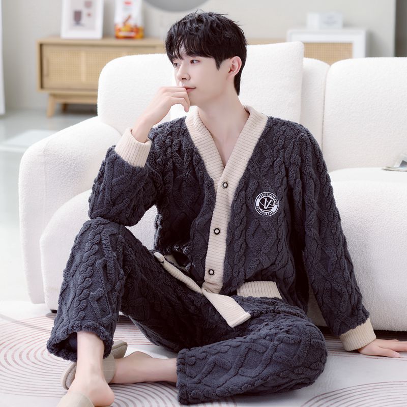 秋冬季珊瑚绒睡衣男士加厚加绒法兰绒保暖新款大码青年家居服套装