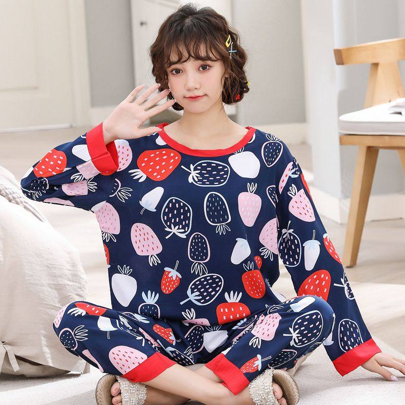 长袖睡衣绵绸女士可爱卡通棉绸家居服春秋夏季人造棉薄款大码套装