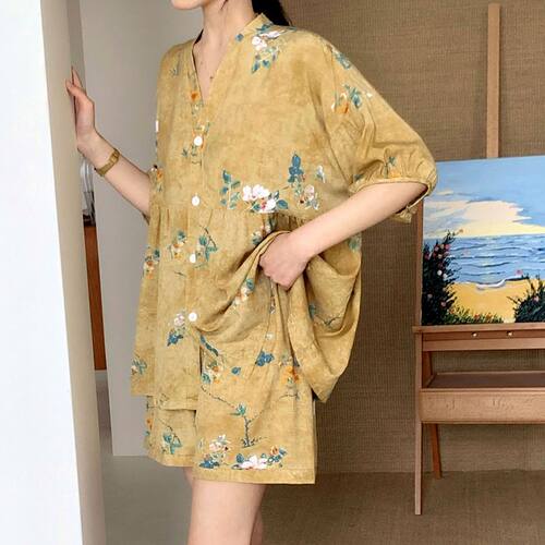 新款短袖棉绸睡衣女夏季人造棉家居服日系开衫大码可外穿绵绸套装