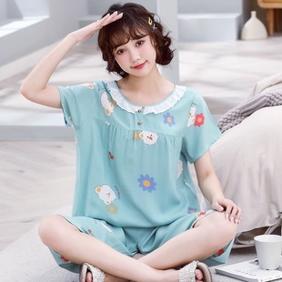 可外穿人造棉可爱绵绸家居服 短袖 棉绸睡衣女夏季 薄款 印花两件套装