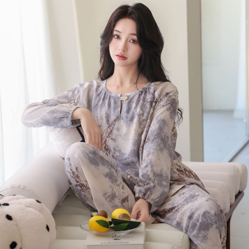新款棉绸睡衣女新中式国风人造棉家居服套装长袖长裤薄款春秋夏季