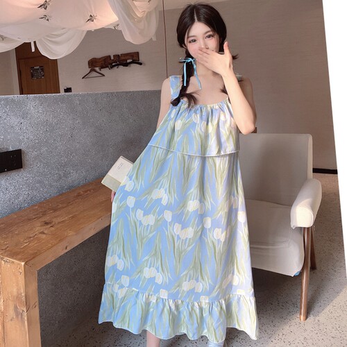 2026防凸点睡衣网红风夏季吊带睡裙女甜美日系无袖大码长款家居服