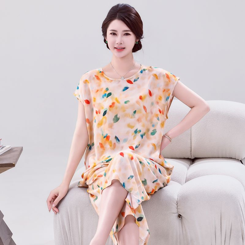 睡衣女夏季薄款绵绸套装中老年棉绸家居服人造棉短袖妈妈两件套装