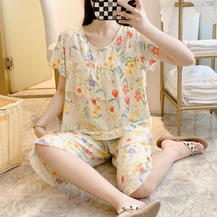 棉绸睡衣女夏薄款 中裤 2025新款 短袖 清新防凸点家居服 套装 宽松韩版