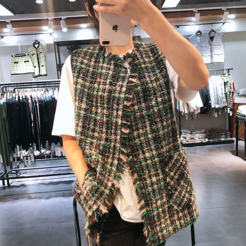 欧洲站2022早秋新款欧货时尚潮流粗花呢毛边流苏羊毛马甲外套女装