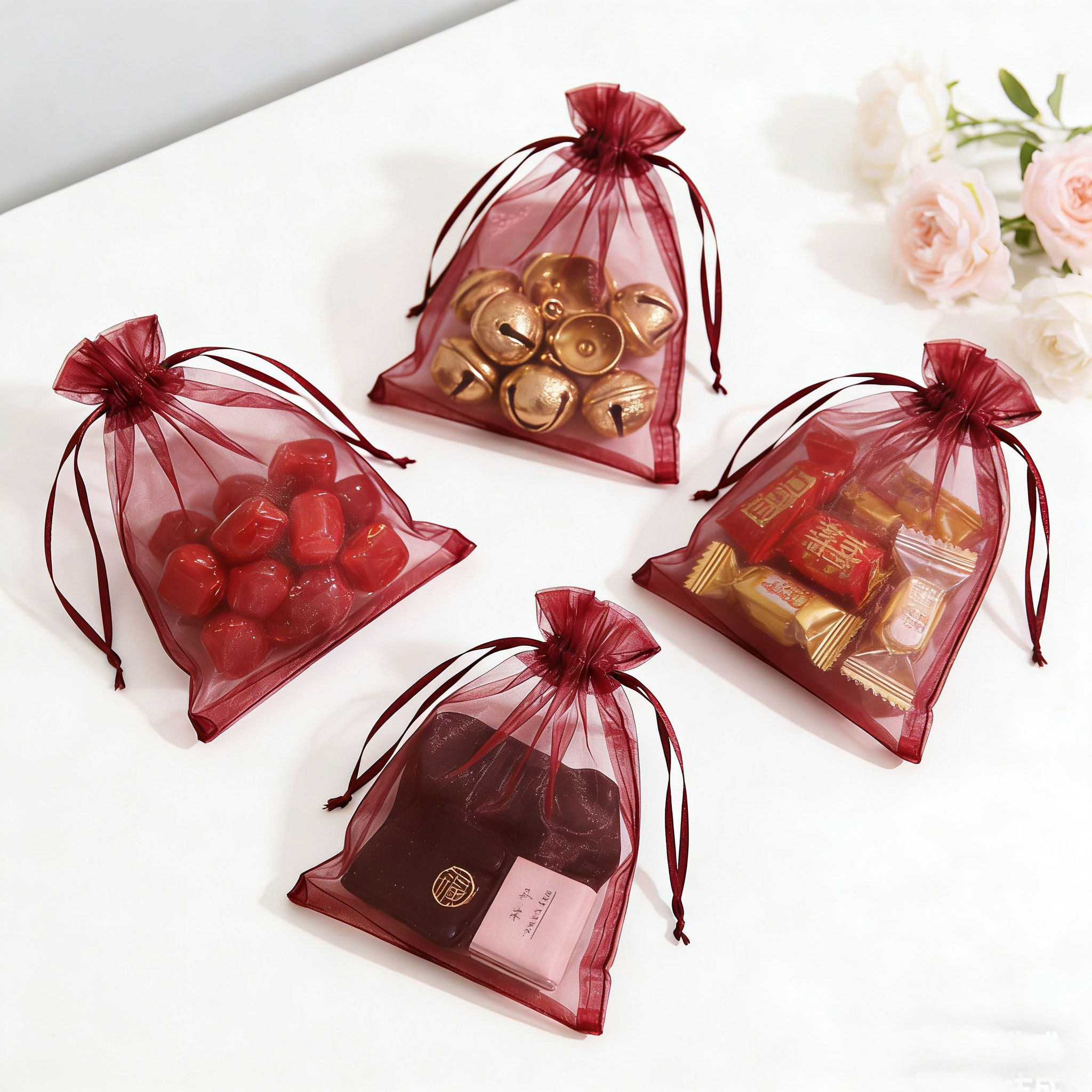 透明喜糖袋子纱袋束口红色结婚喜庆瓜子包装袋糖果珍珠纱袋礼品袋