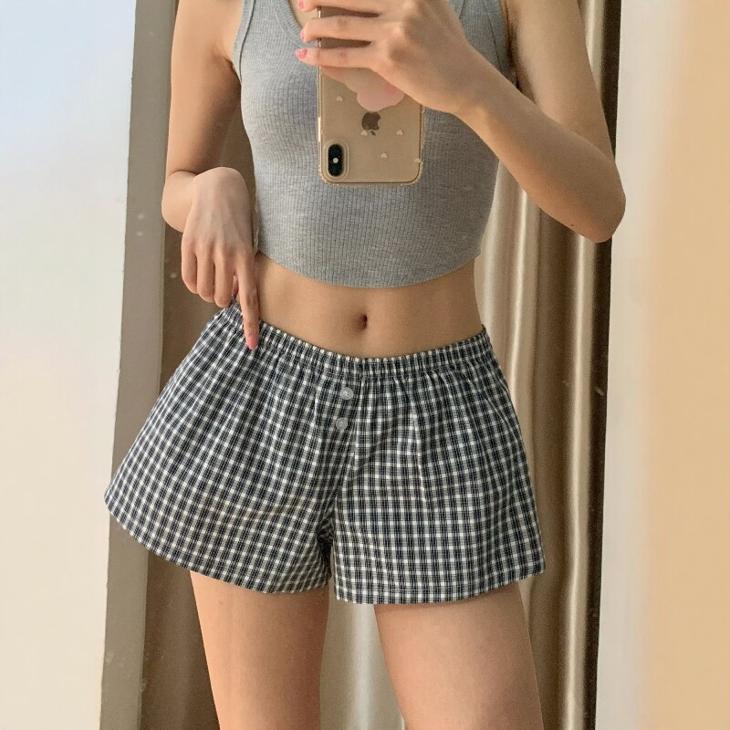 美式宽松低腰格子短裤女夏季松紧腰显瘦居家热裤度假沙滩休闲裤