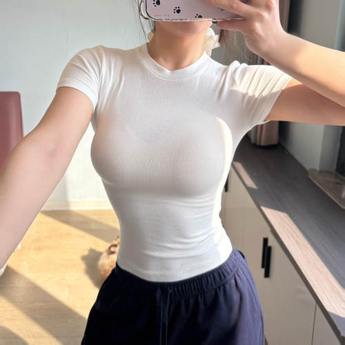 美式掐腰白色正肩螺纹短袖T恤女
