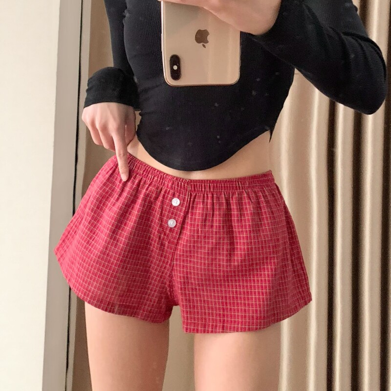 美式宽松红色格子低腰短裤女夏季百搭显瘦松紧腰纽扣休闲居家热裤
