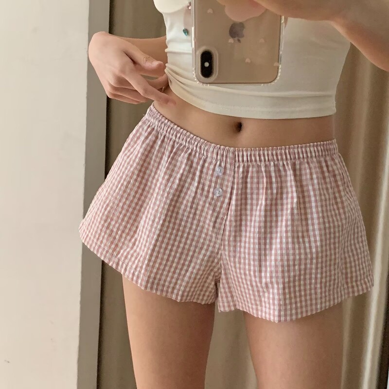 美式宽松格子低腰短裤女2026夏季松紧腰百搭外穿居家休闲阔腿热裤