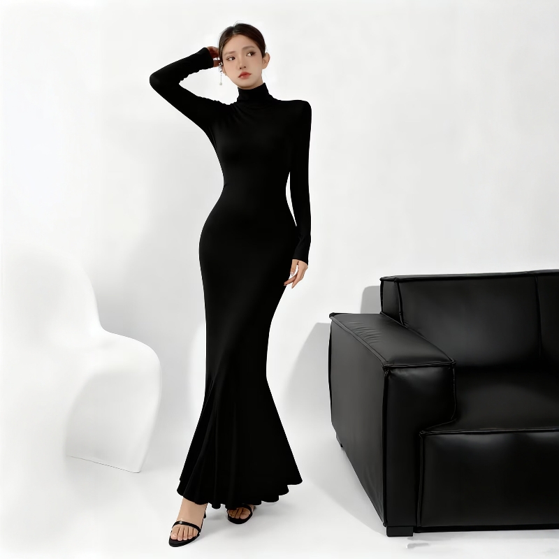 欧美修身高领鱼尾包臀连衣裙长裙
