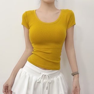 性感显身材U领短袖 T恤女2025夏季 收腰显瘦百搭紧身黄色上衣打底衫