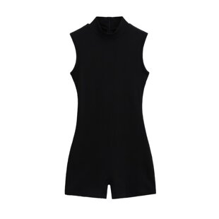 性感修身半高领无袖背心连体短裤女夏后拉链百搭运动一体式连体衣