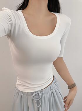 美式辣妹性感低胸U领中袖T恤