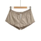 松紧腰百搭休闲居家阔腿热裤 女夏季 复古荷叶边格子低腰短裤 美式