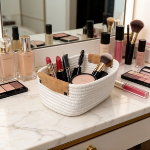  ins风棉绳收纳篮轻奢皮质提手桌面口红刷子整理筐 梳妆台置物篮