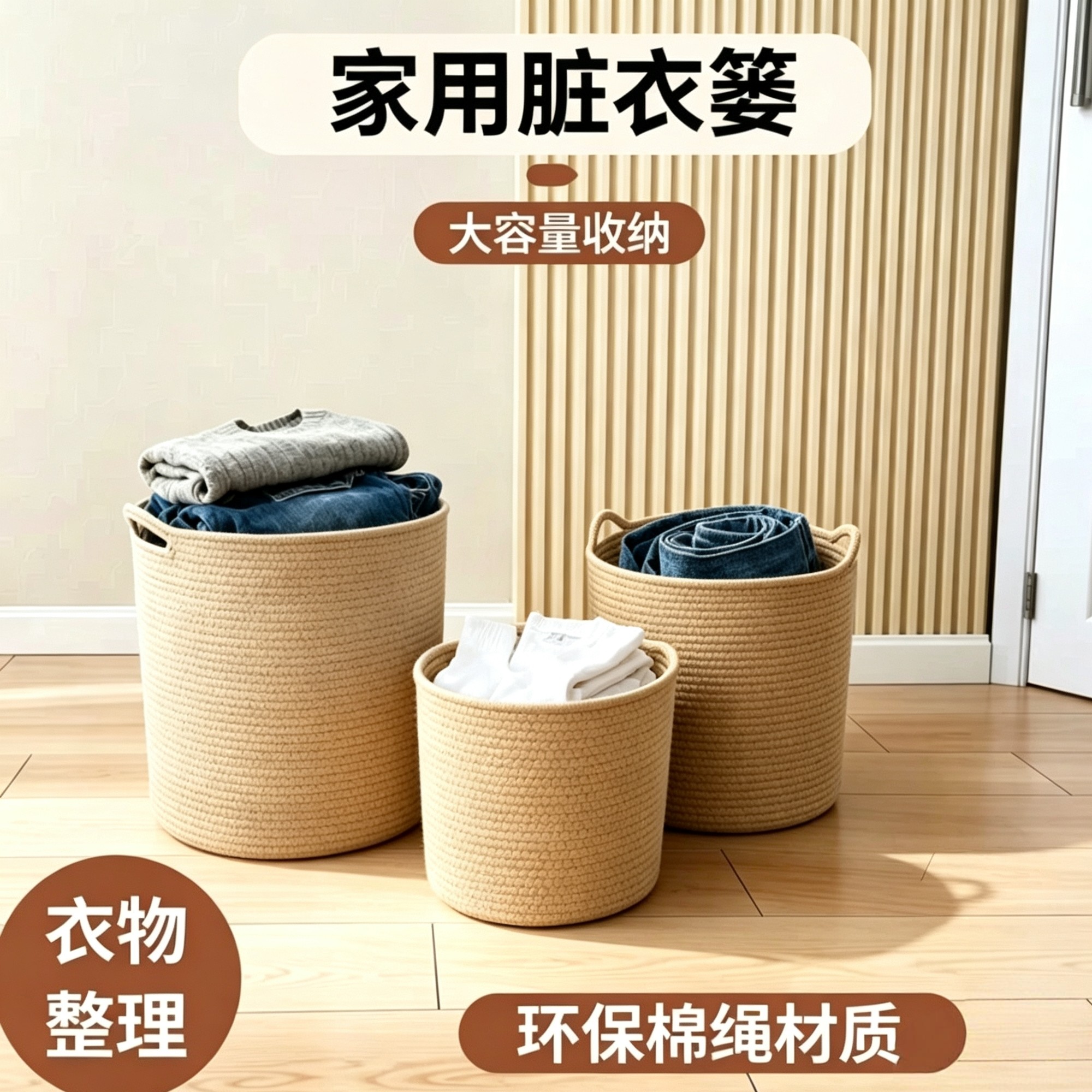 棉绳脏衣篓衣服收纳篮家用大容量杂物筐卧室衣物整理儿童玩具收纳