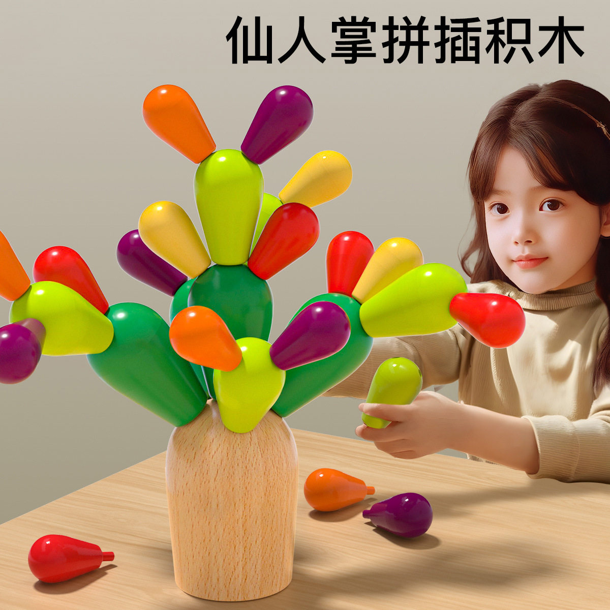 木质仙人掌大颗粒早教益智积木