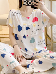 2024新款薄款短袖长裤套装棉绸防凸点睡衣女夏清新宽松韩版家居服