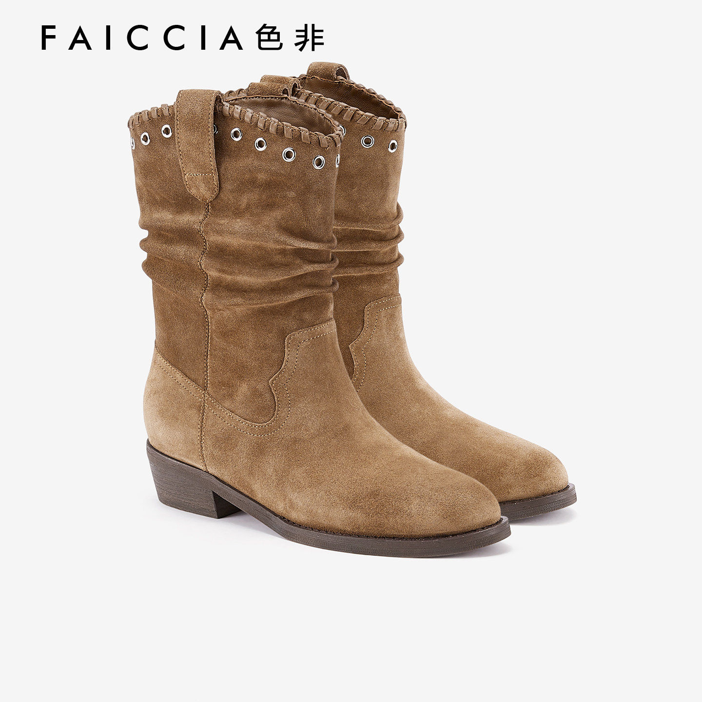 色非复古风绒面中筒靴女2025冬季新款气质时装靴色西部牛仔靴893K,女鞋,西部靴,淘宝优惠券,粉丝福利购,淘宝优惠卷