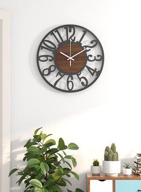 复古铁艺木盘挂钟客厅装饰时钟简约数字表盘金属挂墙钟