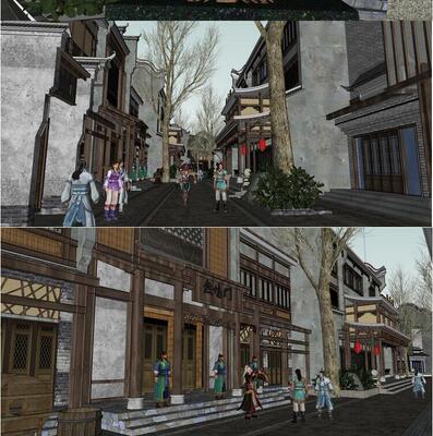 徽派商业街su模型 仿古代影视城风格古装人物中式建筑商铺skp草图