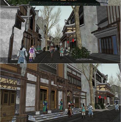 徽派商业街su模型 仿古代影视城风格古装人物中式建筑商铺skp草图