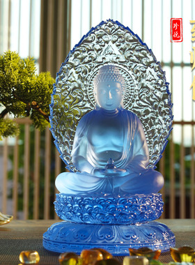 背板药师佛蓝色琉璃光如来佛像摆件居家客厅桌面摆放家用供佛供具