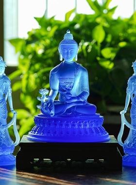 古法琉璃日光月光菩萨药师佛摆件