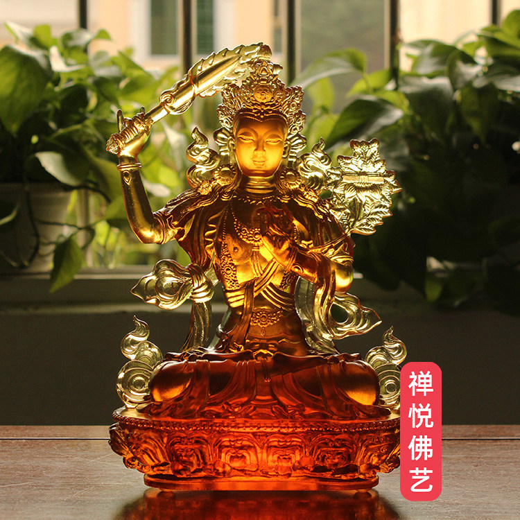 藏传家用用品琉璃文殊菩萨密宗佛像文殊师利礼佛桌面摆件高24.5cm