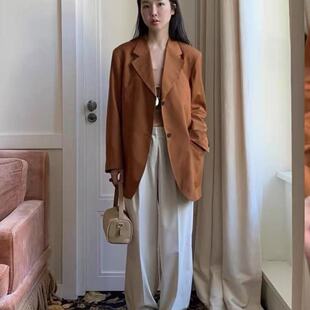 maybebaby韩国休闲裤法式清冷感高腰褶皱设计宽松直筒阔腿长裤女