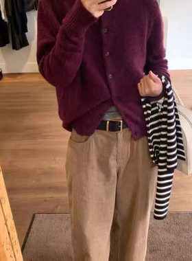 lerobe韩国圆领毛衣开衫2025年新款ins风松弛感叠穿薄款纽扣上衣