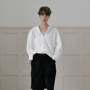 viaplain韩国v领荷叶边衬衫法式慵懒风宽松褶皱长袖套头上衣