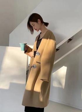 【现货】韩国helder金属扣无领大衣简约中长款两色羊毛外套女