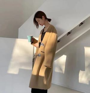 【现货】韩国helder金属扣无领大衣简约中长款两色羊毛外套女