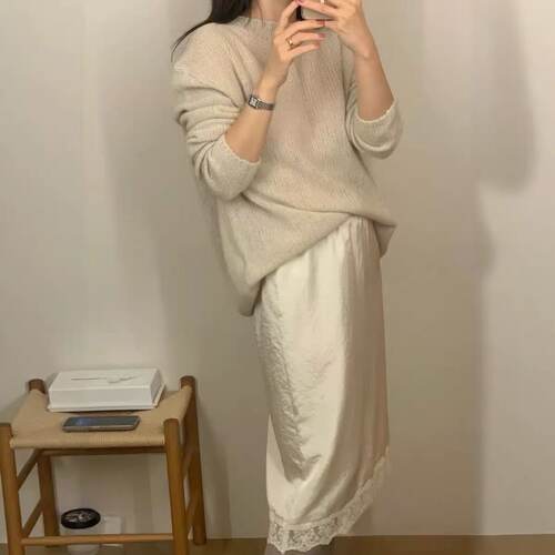 monoha藤姐同款韩国长袖针织衫甜美温柔风简约宽松圆领套头上衣