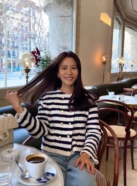 【现货】韩国elborn条纹针织开衫气质双排扣小香风毛衣外套女