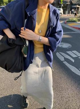 ribbonbit韩国立领外套复古潮流工装风多口袋设计纯棉长袖上衣女