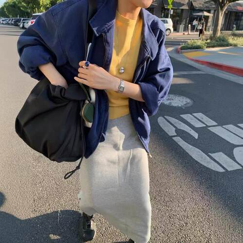 ribbonbit韩国立领外套复古潮流工装风多口袋设计纯棉长袖上衣女