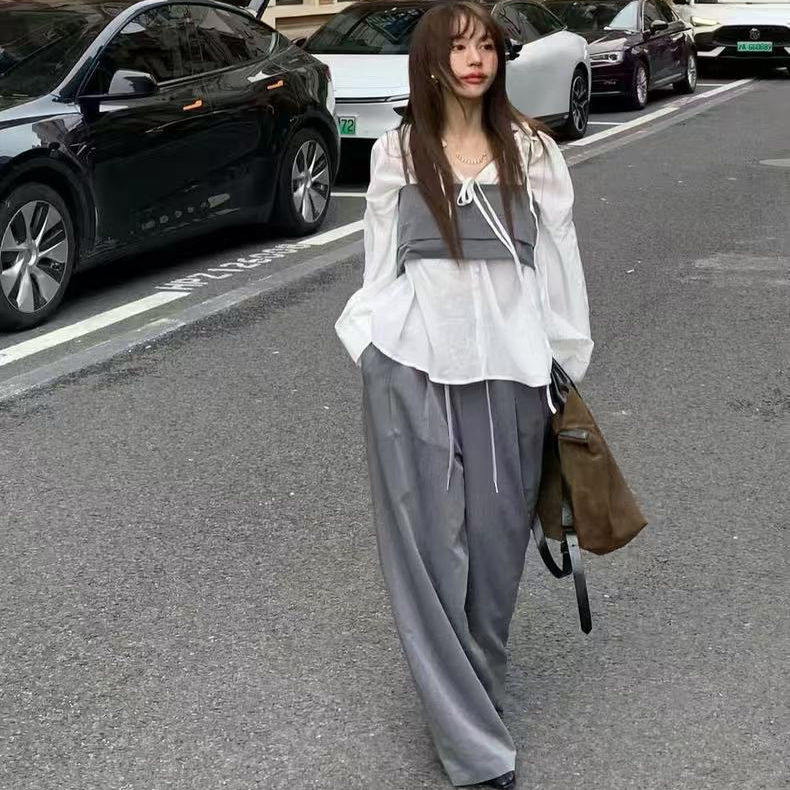 【现货】bertha韩国吊带背心两件套休闲简约垂感直筒高腰长裤女